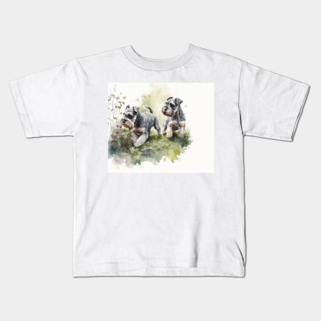 Two Miniature Schnauzers Playing Watercolour Painting Kids T-Shirt by TheArtfulAI